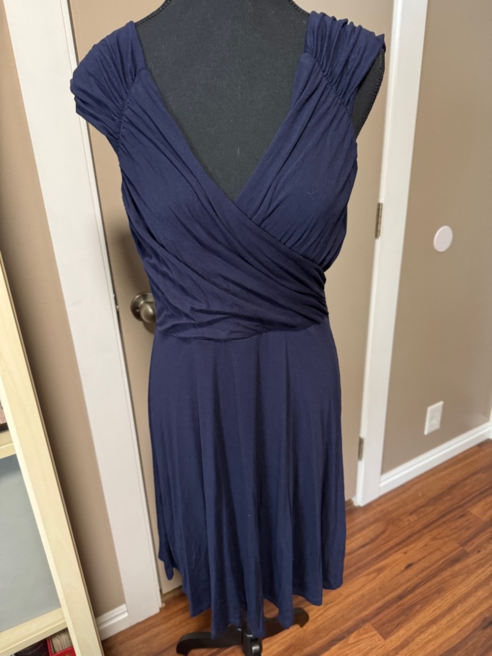 Classic Navy Faux-Wrap Midi Dress